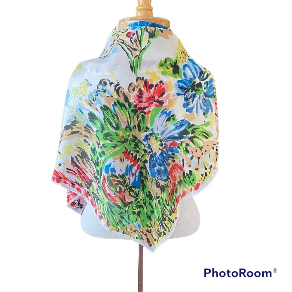 Vintage Scarf 100% Embossed Rayon Rolled Hem Floral Print Japan 30X30 Vibrant